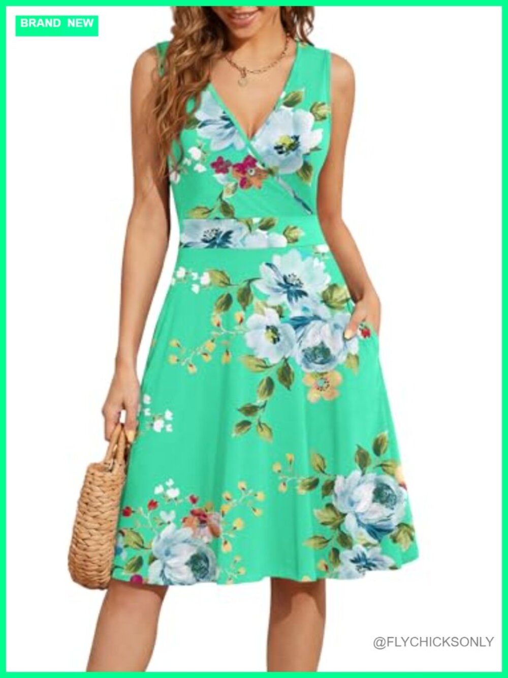 Sleeveless V-Neck Floral Wrap Casual Summer Dress with Pockets